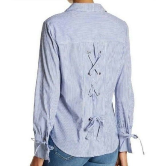 🎈 Sanctuary Lace Up Back Sz S Striped Button Down Shirt Top Blouse White Blue - Picture 2 of 14